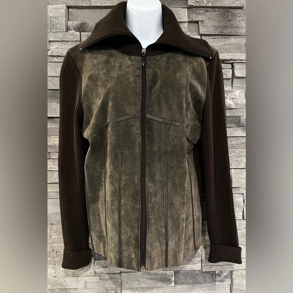 Vintage Y2K zip up green/brown suede jacket